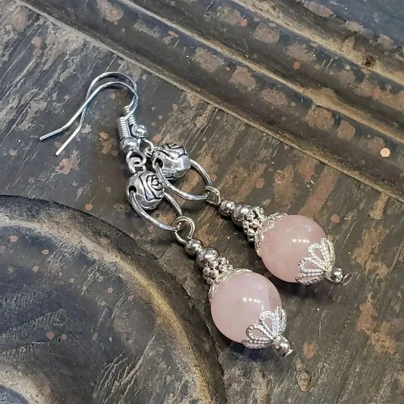 Pink Rose Quartz Lacy Trim Silver Carved Rose Handcrafted Earrings - Picture 4 of 10